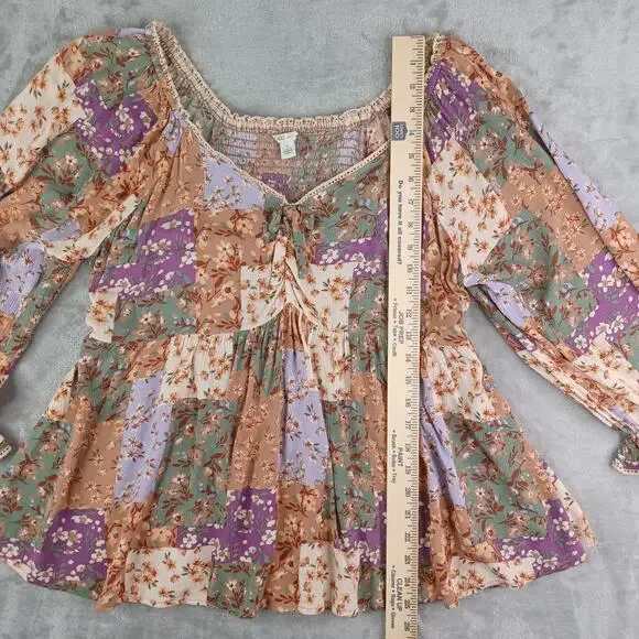 Cato Floral Patchwork Babydoll Boho Top L Milkmaid Smocked Cottagecore Peasant - Picture 9 of 11